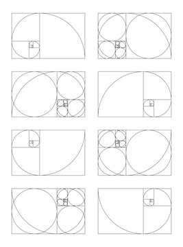 Golden ratio minimalist collection. Golden method section mockups. Fibonacci array, numbers shapes. Harmony proportions frames. Harmony proportions grids set.