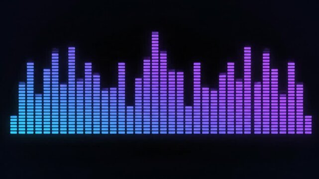 Vibrant sound wave pattern visualized on a dark background with blue and purple hues.