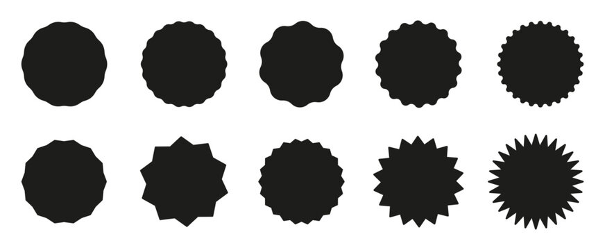 Black circle stickers. Star burst shape tags for price, shops set. Wavy edge promo black badges. Vintage flat labels. Blank sale stickers, simple silhouette. Graphic illustration.