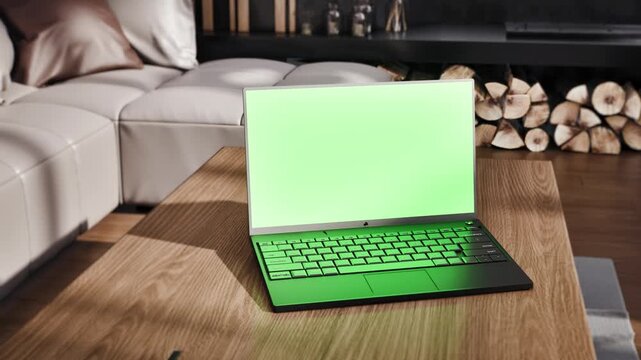 Gaming Laptop Mockup Green Screen Footage 3D Render Cozy Living Room Interior RGB Keyboard