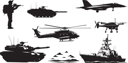 Obraz premium Comprehensive vector silhouette collection of modern military equipment including tanks, fighter jets, helicopters, drones, and naval vessels with soldier figure