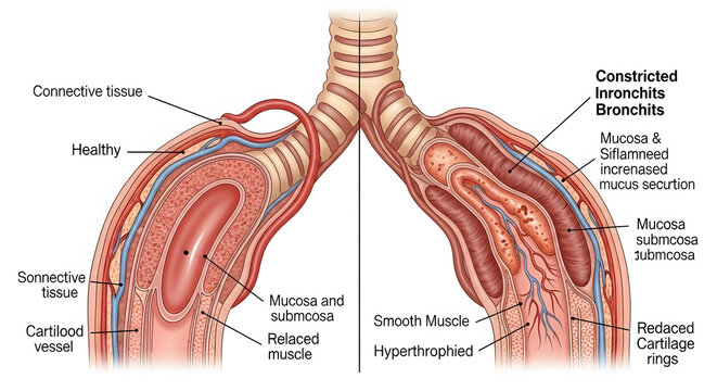 Medical Diagram Comparing Healthy Airway and Bronchitis Inflammation