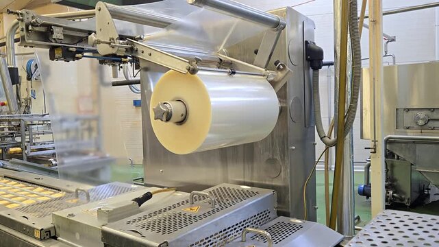 Close-up of automated vacuum packaging machine with plastic film roll at food production facility.