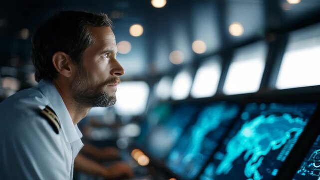 Experienced sea captain oversees high tech control panels and digital maps in a state of the art ship cockpit. Navigation, technology, and leadership blend in this maritime command environment