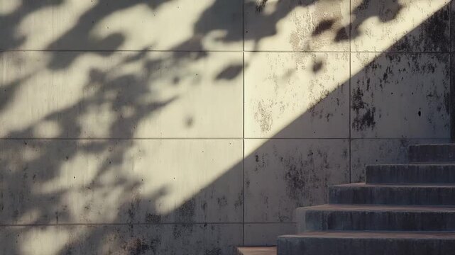Concrete modular wall featuring abstract light and shadow pattern on its textured surface with brutalist style stairs providing a sense of upward movement and modern design