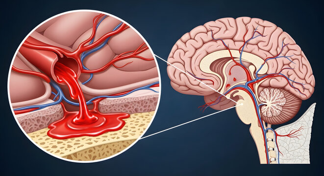 Brain cross section diagram showing hemorrhagic stroke and bleeding