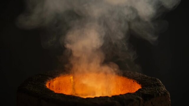 Volcanic crater emitting smoke and fire.
