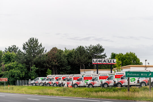 Woodbridge, USA - May 27, 2025: Virginia highway near Washington DC interstate i95 and U-Haul cargo trailers for moving towing warehouse