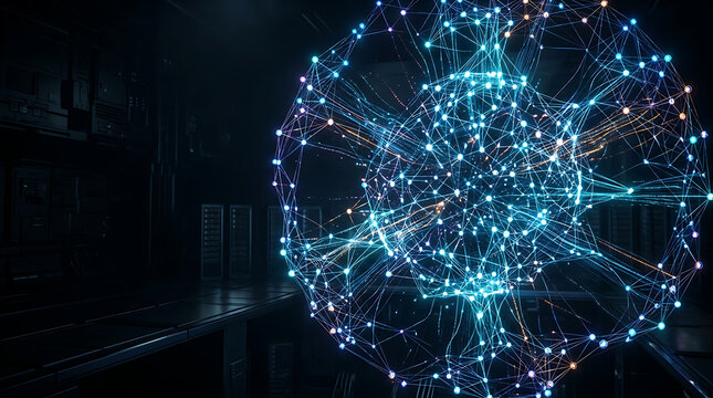 Abstract glowing neural network structure with interconnected nodes and lines, representing data, AI, or complex system connections in a dark, futuristic environment.
