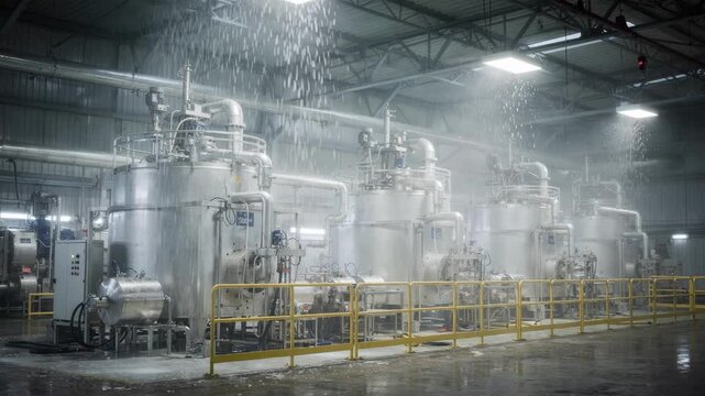 Medium shot of ceilingmounted sprinklers activating over resin units inside a manufacturing plant highlighting active fire suppression systems in an industrial environment.