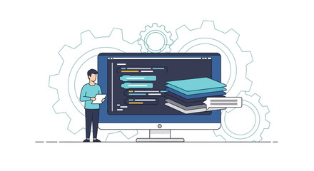 A man stands beside a large computer monitor displaying lines of coding on its screen with gear icons in the background and books floating beside it, in a vector illustration with a © Hadi