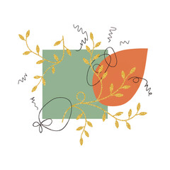 Modern abstract vector illustration with geometric shapes, golden glitter branches, and minimalist line art doodles. Stylish organic design for contemporary posters, branding, and social media. © Elmar