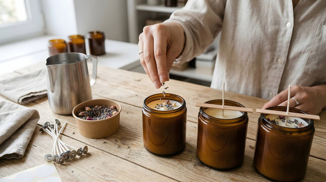 woman hands sprinkling dried lavender flowers onto handmade soy wax candle in amber glass jar on wooden table with wicks and melting pitcher for diy craft hobby and home decor business