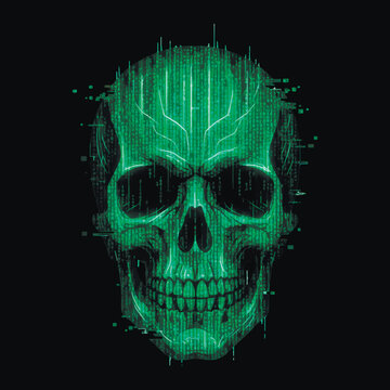 Futuristic vector illustration of a skull formed by glowing green binary code and digital glitch effects. Cyberpunk concept representing hacking, data virus, and cybersecurity threats in a dark style.