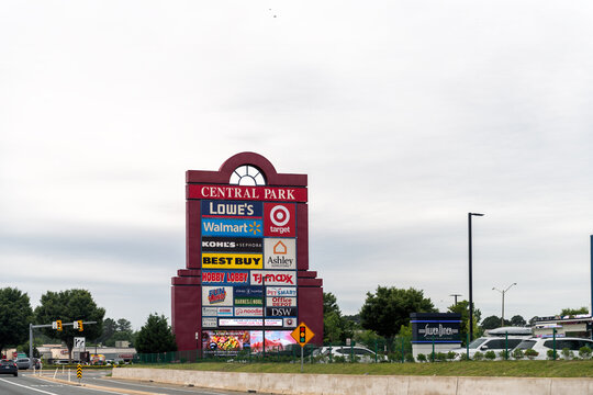 Fredericksburg, USA - May 27, 2025: Central Park strip shopping mall sign for retail stores of Target, Lowe's, Best Buy Kohl's in Virginia
