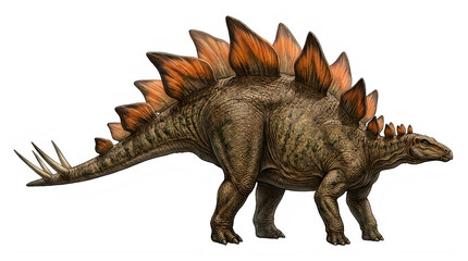 Fototapeta premium A stegosaurus dinosaur with orange spikes on its back and tail