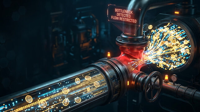 Digital data flow bottleneck in a futuristic industrial pipeline system with glowing elements.