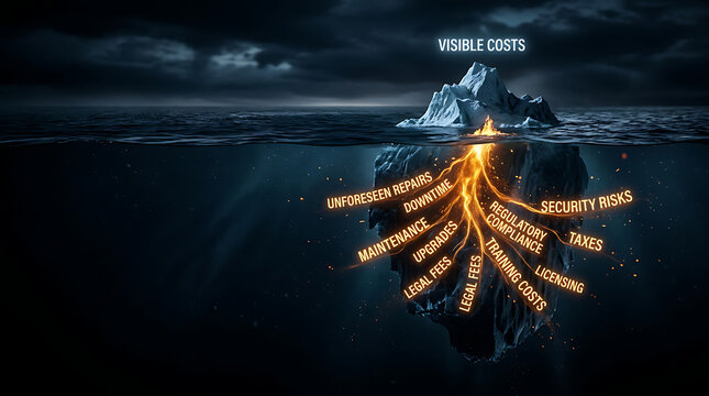 An illustrative iceberg diagram showing visible costs above the water and numerous hidden, glowing costs like repairs, downtime, and security risks beneath the surface