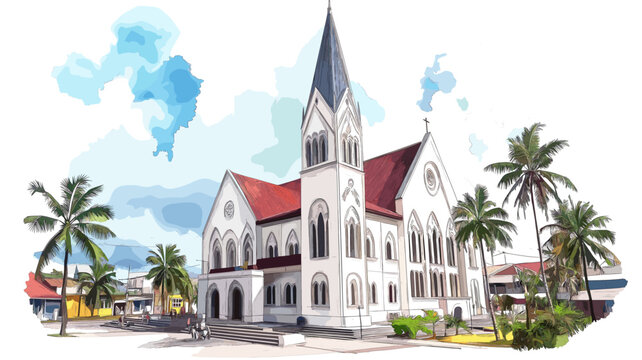 Georgetown ? St. Georges Cathedral. Georgetown ? St. Georges Cathedral hand drawn watercolor illustration