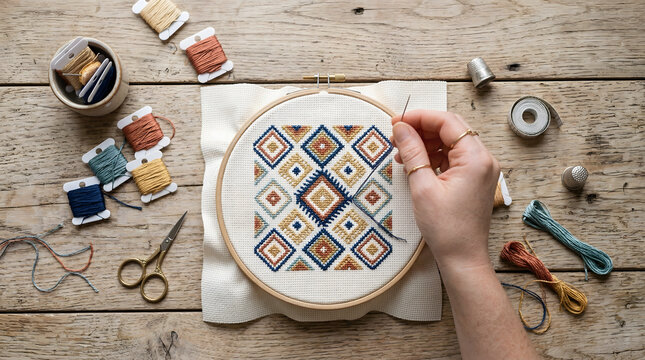 overhead shot of woman hands stitching geometric patterns on cross stitch embroidery hoop with colorful thread and sewing tools on wooden table for handmade craft hobby
