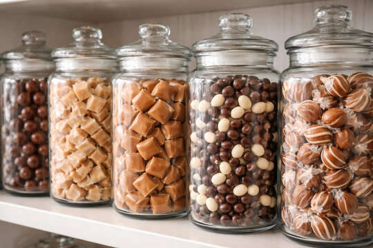 Chocolate cubes and assorted sweets in glass jars on shelf, rich brown tones with cozy dessert storage and indulgent food concept.