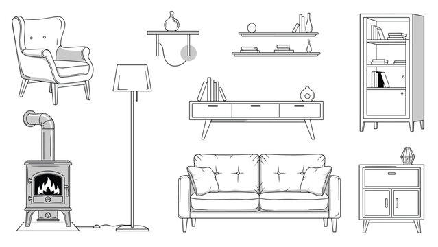 Collection of minimalist line art drawings of various living room furniture pieces including a sofa armchair lamp and wooden stove on white background.
