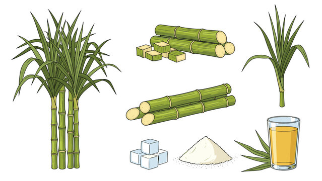Collection of sugarcane plant illustrations including green stalks leaves sugar cubes sugar powder and a glass of fresh juice on white background.
