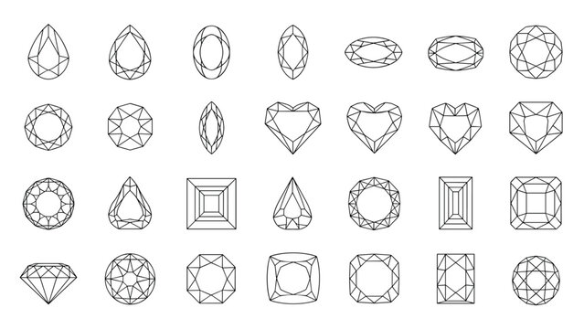Detailed collection of diamond and gemstone cut shapes illustrated in a simple line art style on a clean white background.