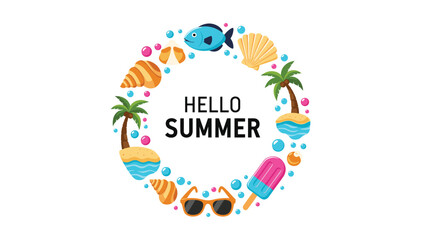 Obraz premium Hello summer greeting card with a circular frame made of tropical islands, fish, shells, ice cream, and sunglasses on a clean white background.