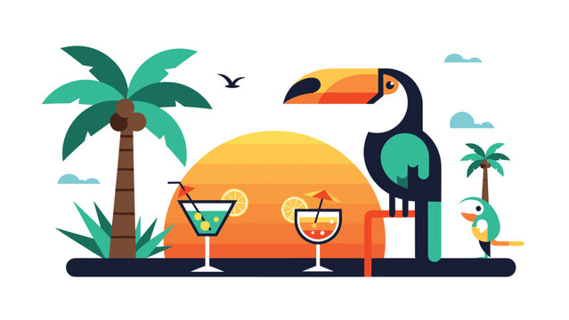 Beautiful tropical landscape at sunset with a large toucan bird, palm trees, cocktails, and a parrot for summer travel and exotic themes.