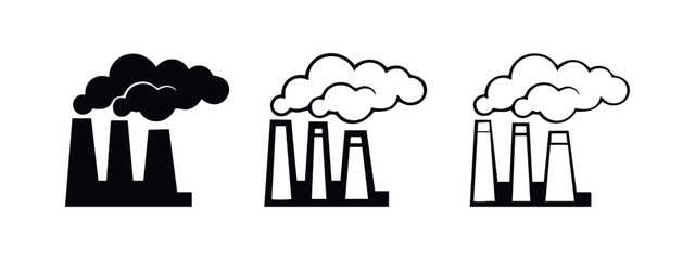 Obraz premium Factory chimneys emitting smoke icon set, representing industrial production and environmental impact.