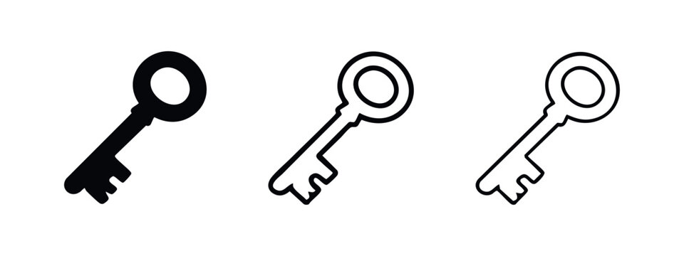 Angled classic key icon set, a diagonal antique skeleton key symbol in solid and outline styles. Vintage access pictogram.
