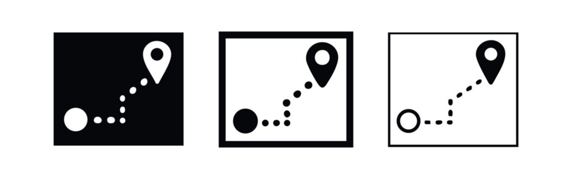 Journey route from start point to destination pin icon set