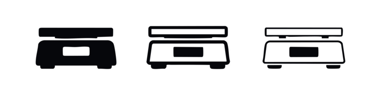 Modern digital weighing scale for food and objects icon set