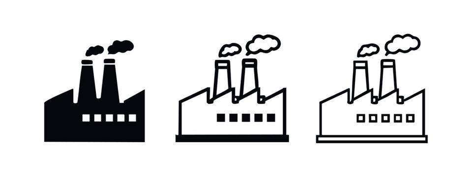Industrial Factory Icon Set with Smoking Chimneys in Solid, Filled Outline, and Outline Styles