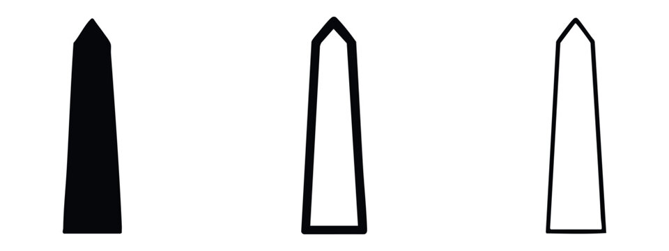 Obelisk Icon Set. Monolithic Pillar Symbols in Solid, Bold, and Thin Outline Styles, Isolated on White.