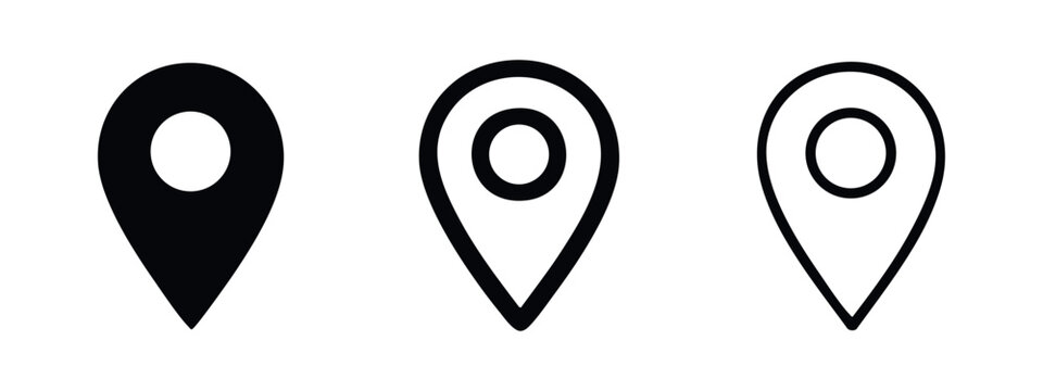 Classic Map Pin Icon Set. GPS location marker symbols with inner circle in solid and outline styles for navigation apps.