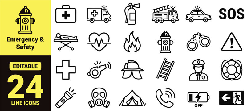 Emergency and safety icon set featuring medical aid, fire protection, law enforcement, rescue tools, warning signs, communication, and survival concepts in modern line‑art vector for security design