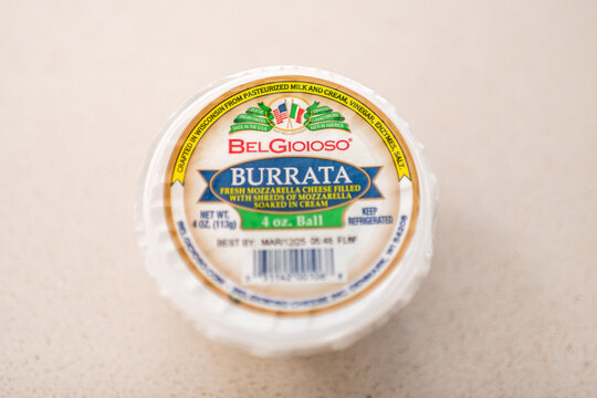 Roseland, USA - March 10, 2025: Closeup of buratta mozzarella cheese ball product label made in Wisconsin, Italian style with BelGioioso brand