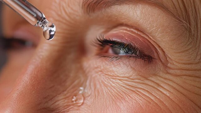 Close-Up of Eye Drop Application on Mature Woman's Eye with Slow Zoom and Gentle Frame Transitions 