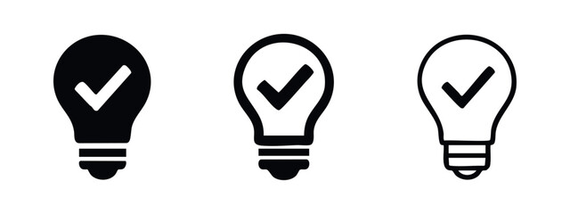 Lightbulb with checkmark icon set. Idea confirmed or successful concept, in solid, outlined, and thin-outlined styles. © liubomir118809