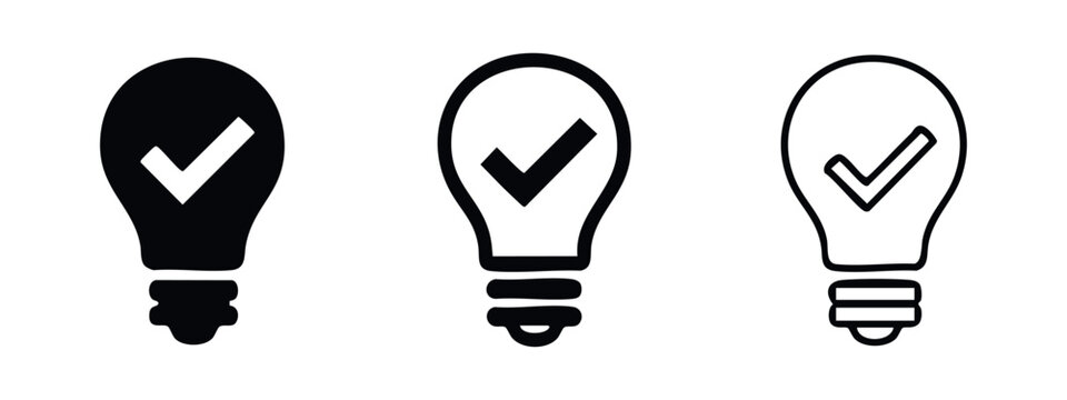 Lightbulb with checkmark idea and solution icon set. Creative thinking, success, and completion symbol.