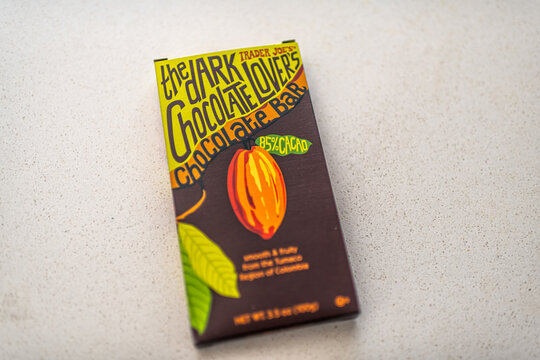 Roseland, USA - March 14, 2025: Dark chocolate lovers bar from Columbia 85 percent cacao Trader Joe's brand label text from South America