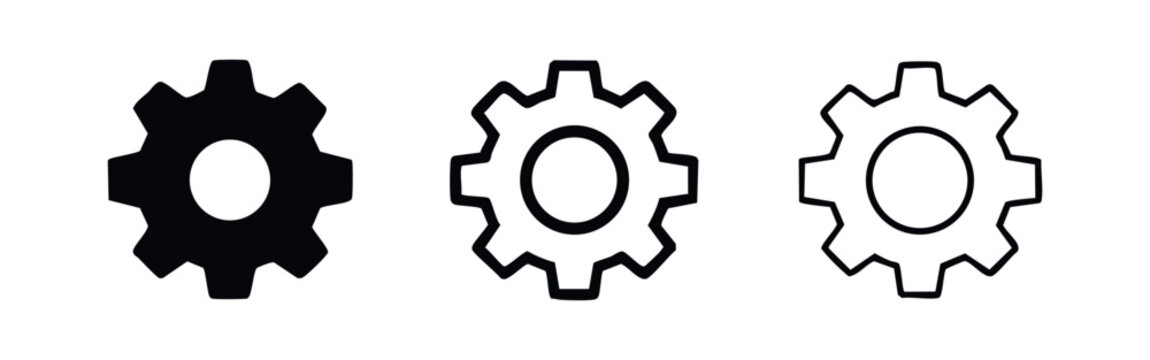 Gear icon set. Settings, engineering, or mechanism symbol collection, in solid, outlined, and thin-outlined styles.