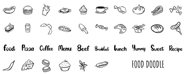 Fototapeta premium Hand drawn food doodle vector set. Black and white line art illustration of fast food, bakery, meals, drinks, desserts, and menu lettering.