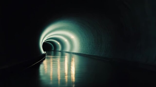 Dark circular underground water tunnel with concrete walls and glistening water reflecting a distant light, creating an eerie yet functional urban infrastructure scene