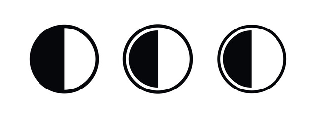 Brightness or contrast adjustment icon set, showing a half-filled circle in three styles for UI controls. © liubomir118809