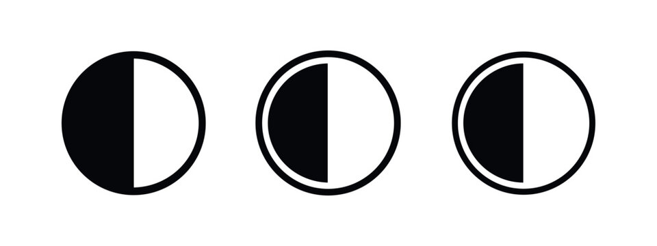 Brightness or contrast adjustment icon set, showing a half-filled circle in three styles for UI controls.