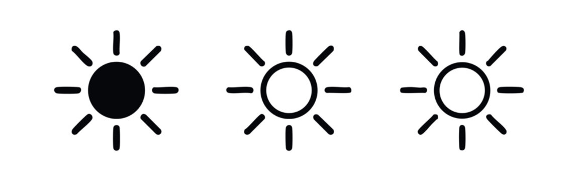 Sun and brightness icon set, featuring three styles from solid to outline, representing light, weather, or display settings.