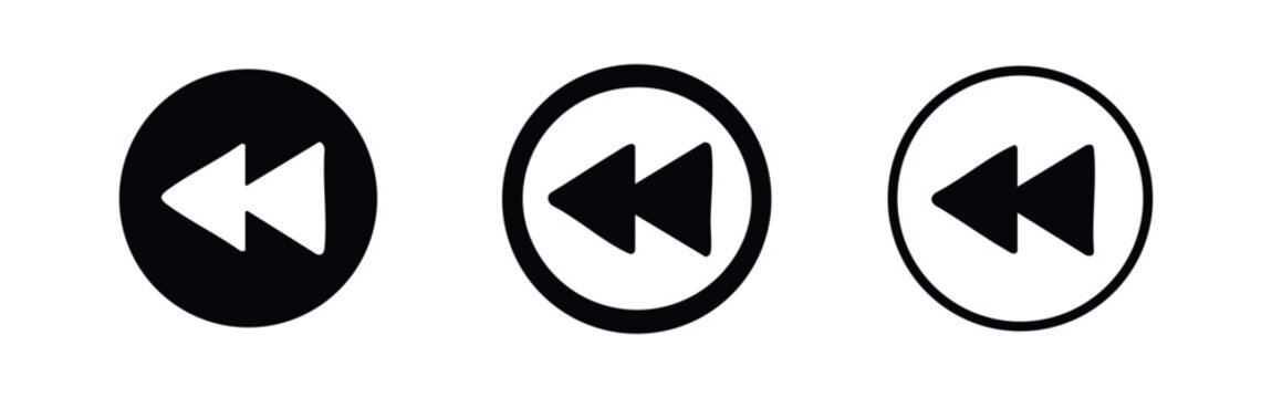 Rewind Media Control Icon Set. Fast backward player buttons in solid and outline circular designs.